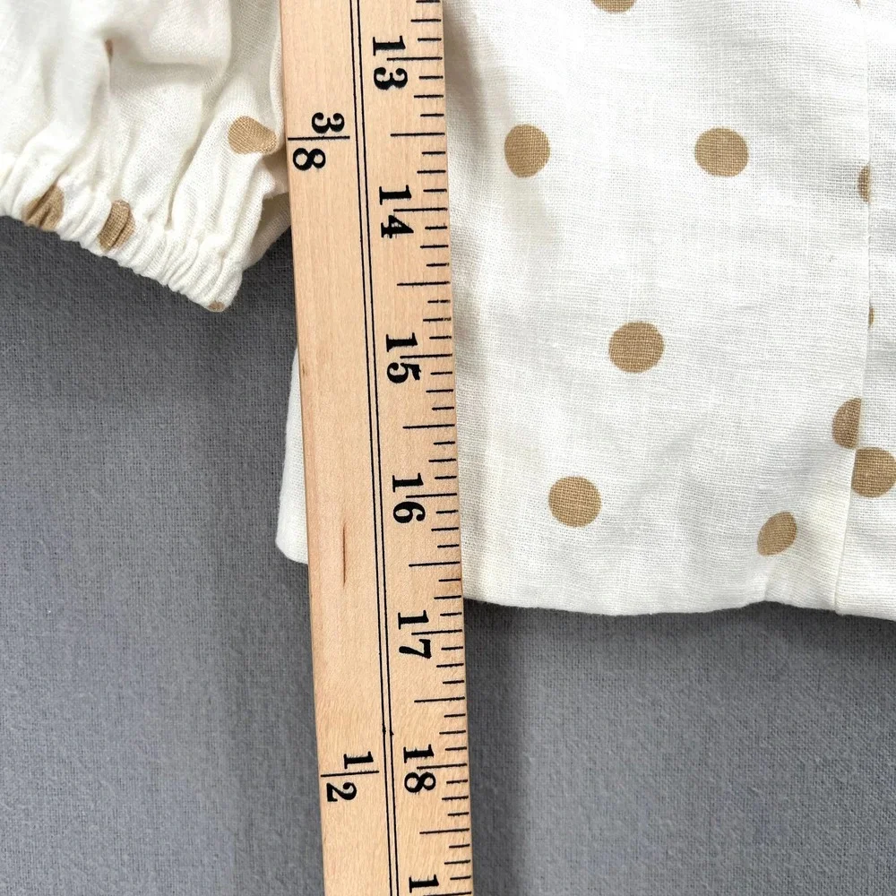 LPA Shirt Womens Medium White Linen Puff Sleeve Crop Top Button Front Polka Dot - Picture 14 of 14